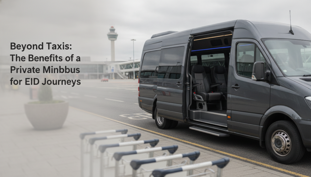 Beyond Taxis: The Benefits of a Private Minibus for EID Journeys — executive minibus meeting a group at Edinburgh Airport