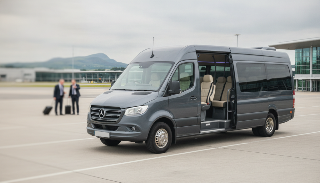 Direct to Your Door: Premium Hotel Transfers in Edinburgh — executive minibus meeting a group at Edinburgh Airport