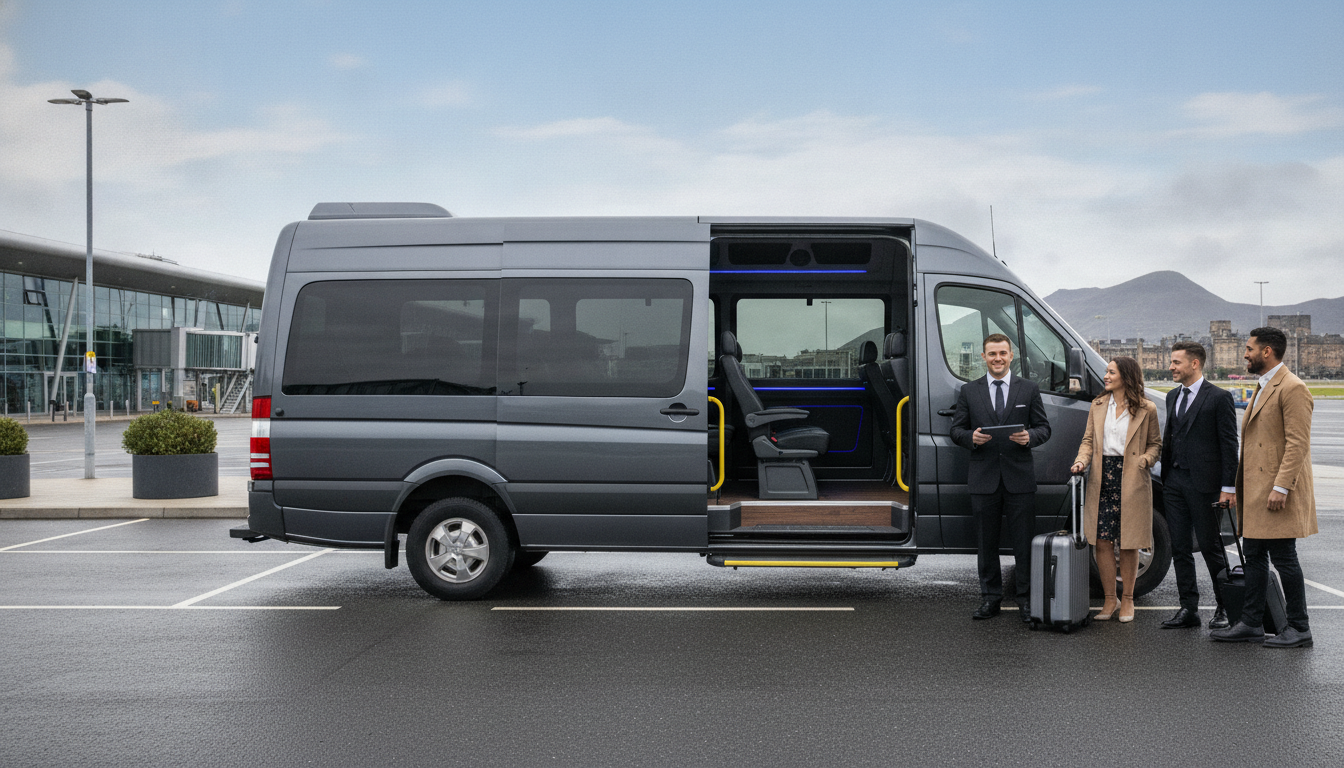 Edinburgh's Festivals & Events: Planning Your Minibus Transfer — executive minibus meeting a group at Edinburgh Airport