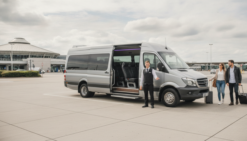 Group Getaway: Why a Minibus is Best for Your Edinburgh Holiday — executive minibus meeting a group at Edinburgh Airport
