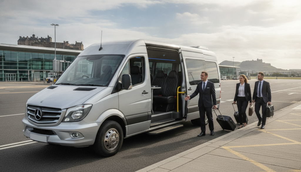 The Professional Choice: Minibus Transfers for Edinburgh Business Groups — executive minibus meeting a group at Edinburgh Airport