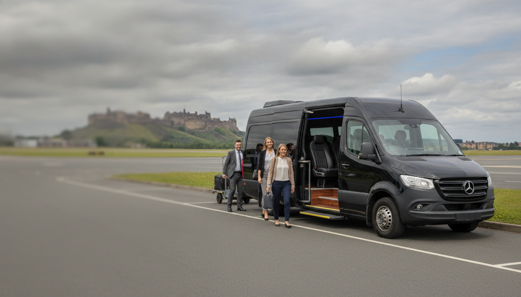 Discovering Edinburgh: Start Your Adventure with a Smooth Airport Arrival — executive minibus meeting a group at Edinburgh Airport