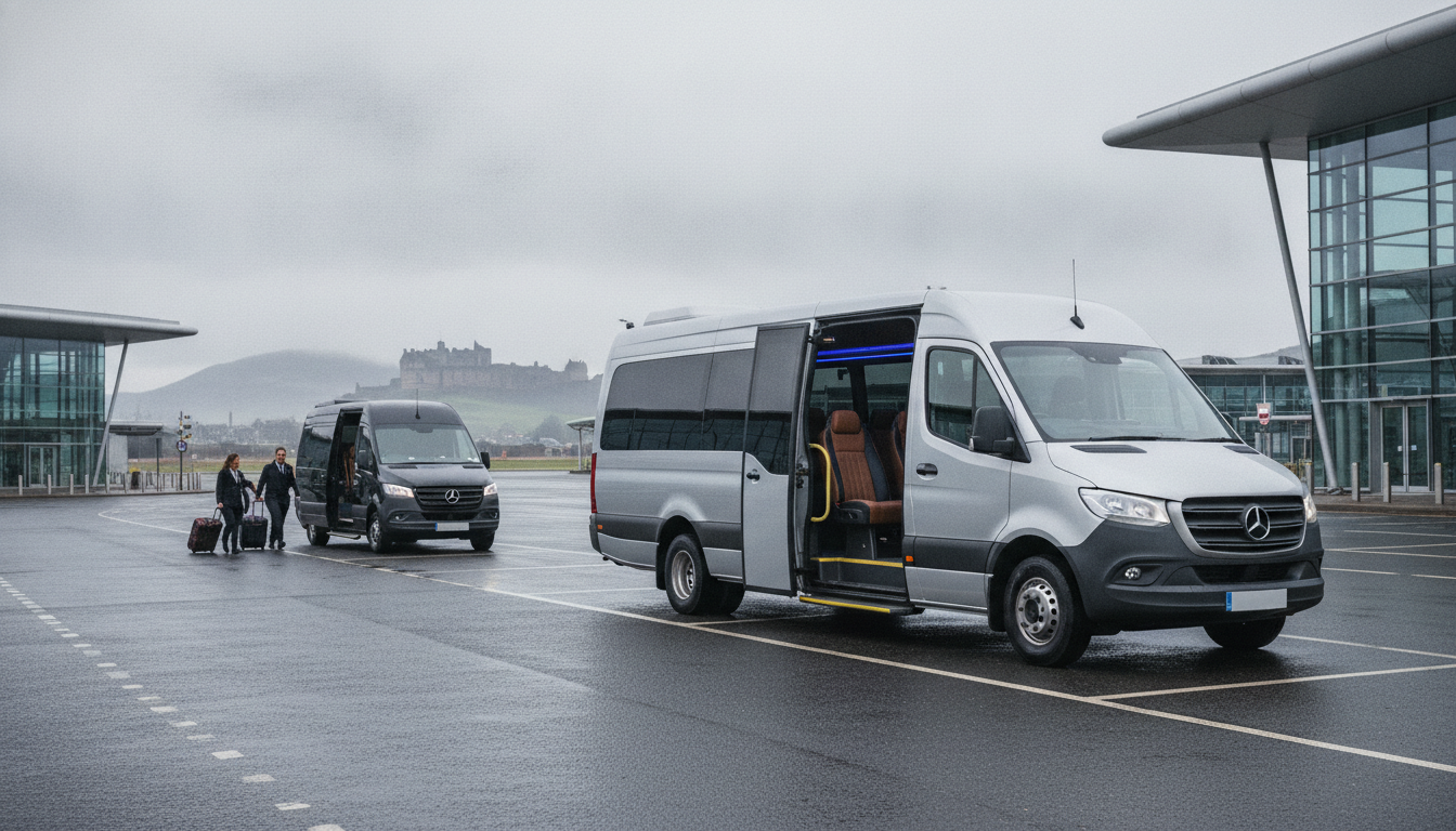 Hogmanay in Edinburgh: Secure Your Minibus Airport Transfer Early — executive minibus meeting a group at Edinburgh Airport